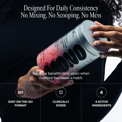 Person holding a creatine supplement container with text highlighting features