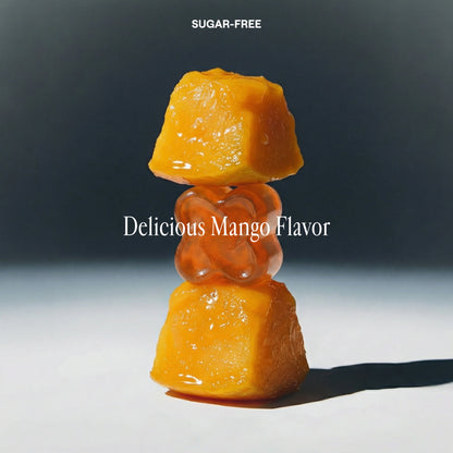 Yellow candy on a black background with 'SUGAR-FREE' and 'Delicious Mango Flavor' text.