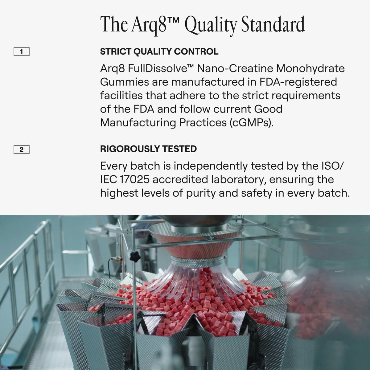 Factory setting with packaging machinery and text about Arq8 quality standards.