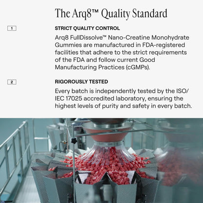 Factory setting with packaging machinery and text about Arq8 quality standards.