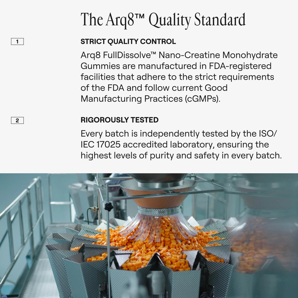 Manufacturing process of Arq8 FullDissolve Nano-Creational Monohydrate Gummies with text about quality control and testing.
