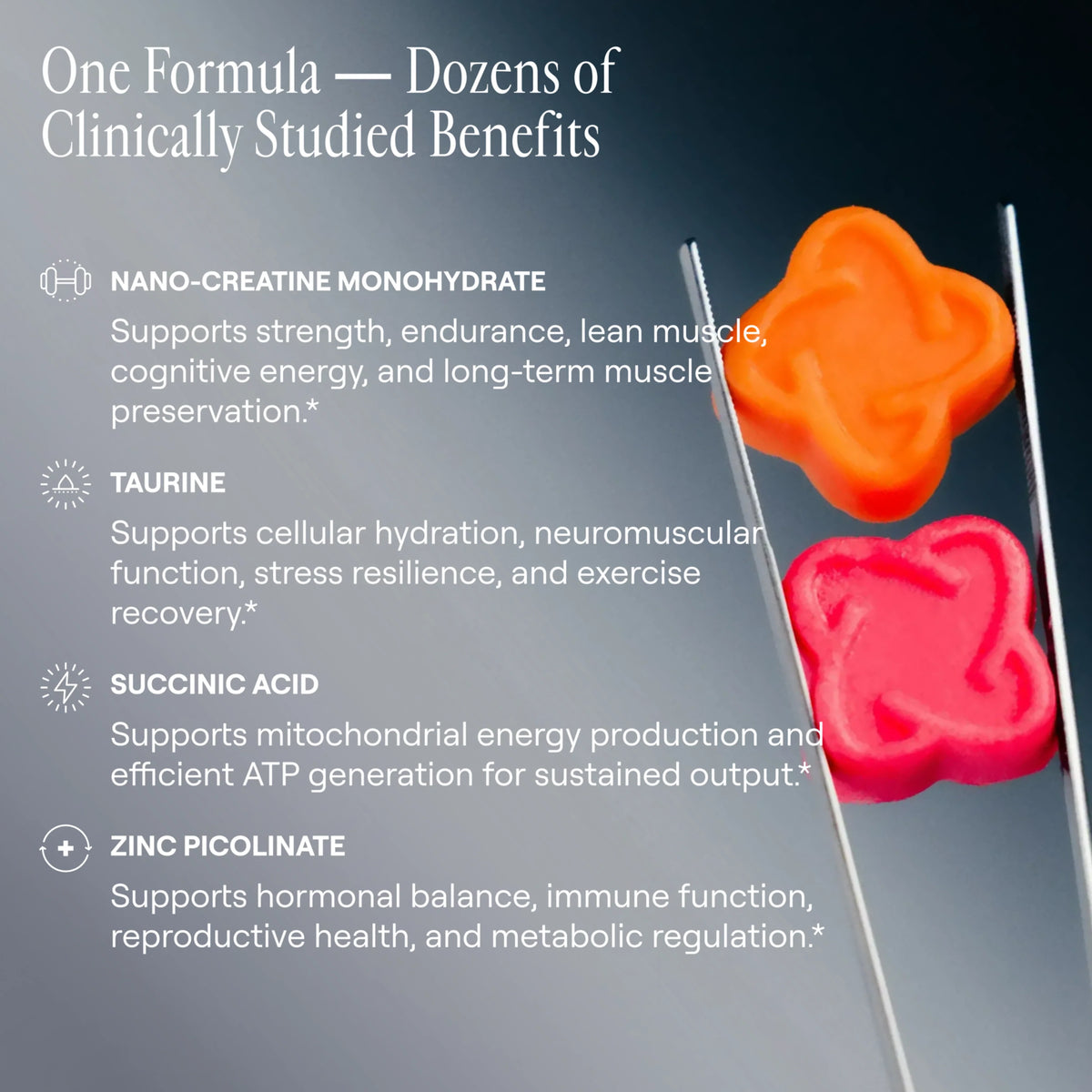 Supplement tablets with text detailing their benefits on a dark background