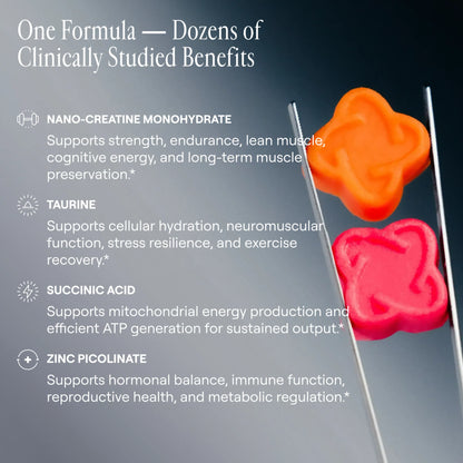 Supplement tablets with text detailing their benefits on a dark background