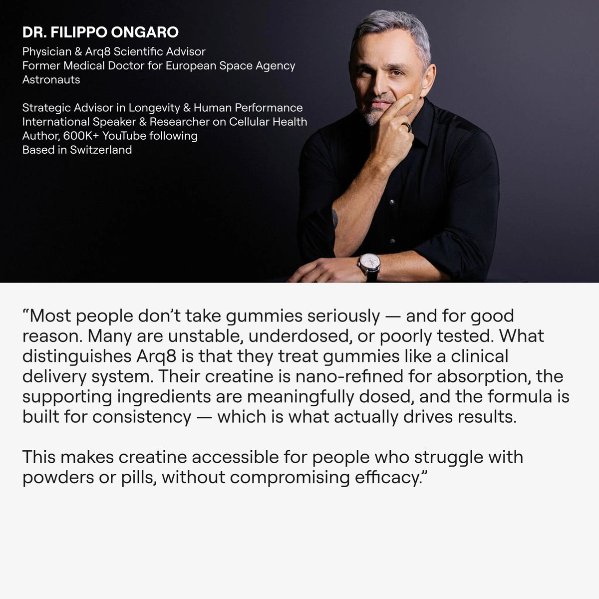 Dr. Filippo Ongaro with text about Arq8 gummies and their benefits.