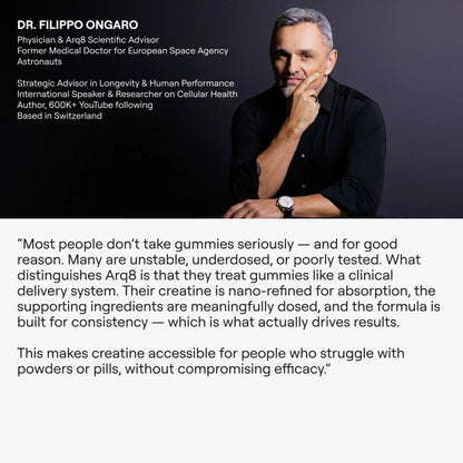 Dr. Filippo Ongaro with text about Arq8 gummies and their benefits.
