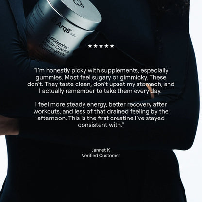 Person holding a supplement container with a five-star rating and customer review text.