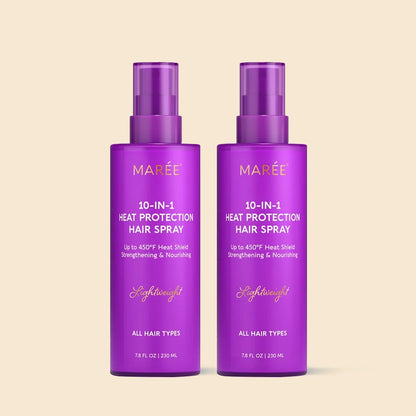 Two purple MARÉE 10-in-1 Heat Protection Hair Spray bottles side by side on a light beige background.