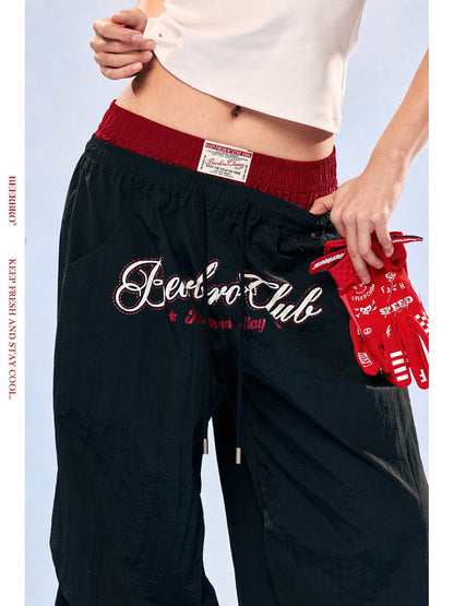 Colorblock double waistband quick-dry wide leg sports pants, styled photo