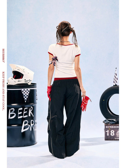 Colorblock double waistband quick-dry wide leg sports pants, additional detail