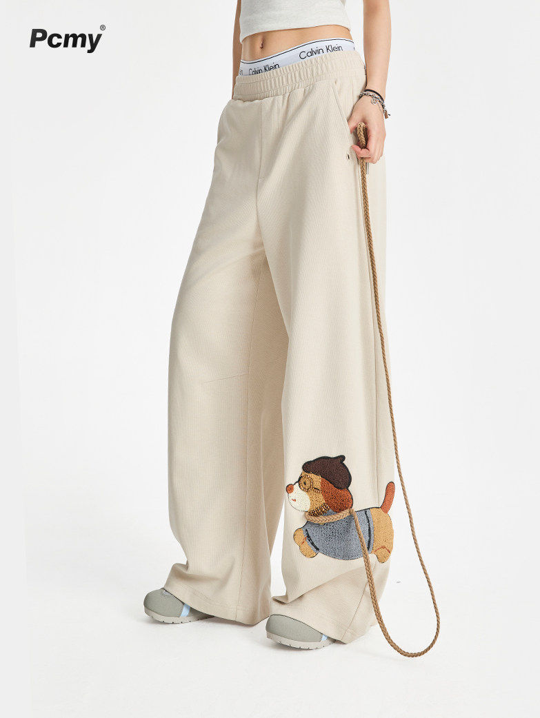 Puppy Embroidery Straight Wide Leg Pants, alternate view