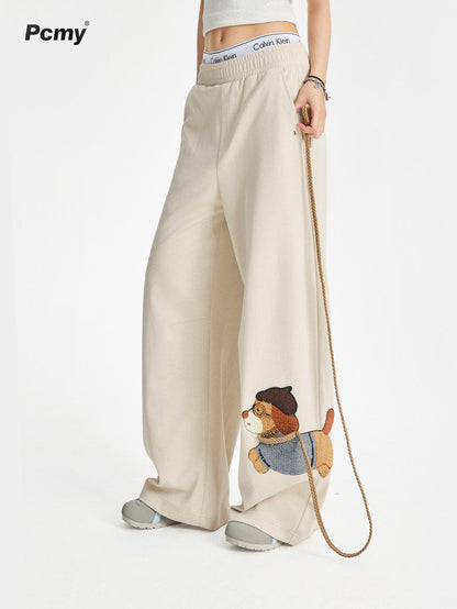 Puppy Embroidery Straight Wide Leg Pants, alternate view