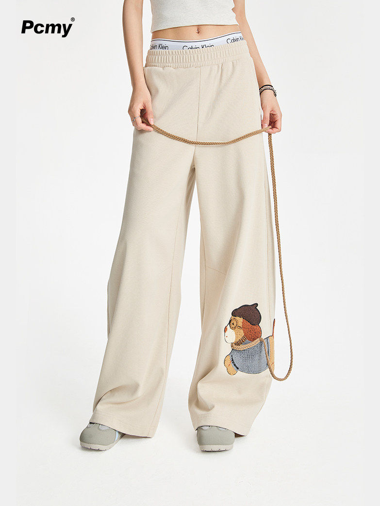 Puppy Embroidery Straight Wide Leg Pants, additional detail