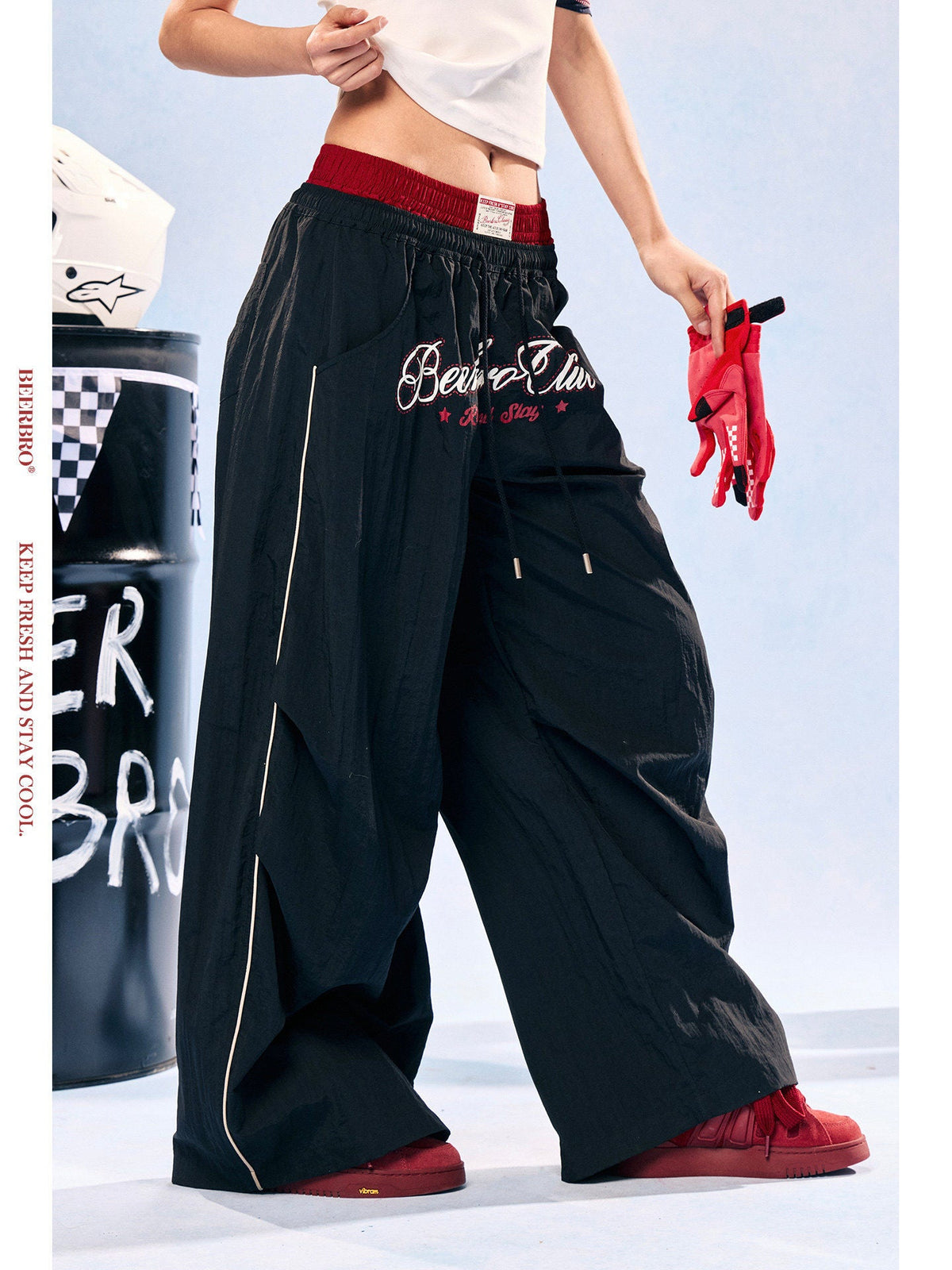 Colorblock double waistband quick-dry wide leg sports pants, product photo (2)