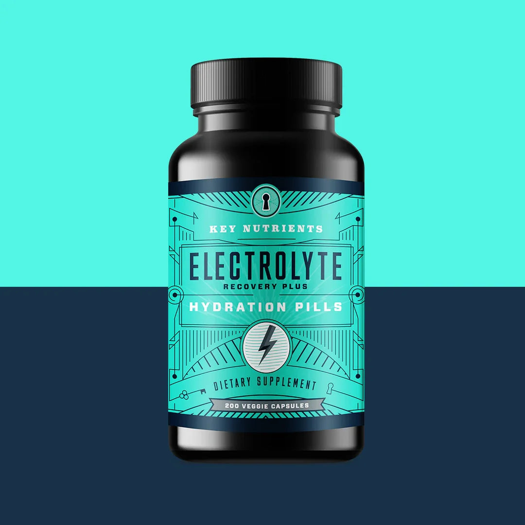 Bottle of Electrolyte Recovery Plus Hydration Pills on a two-tone blue background