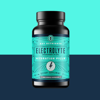 Bottle of Electrolyte Recovery Plus Hydration Pills on a two-tone blue background