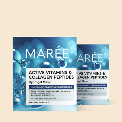 Two packages of Maree Active Vitamins & Collagen Peptides Hydrogel Mask on a beige background