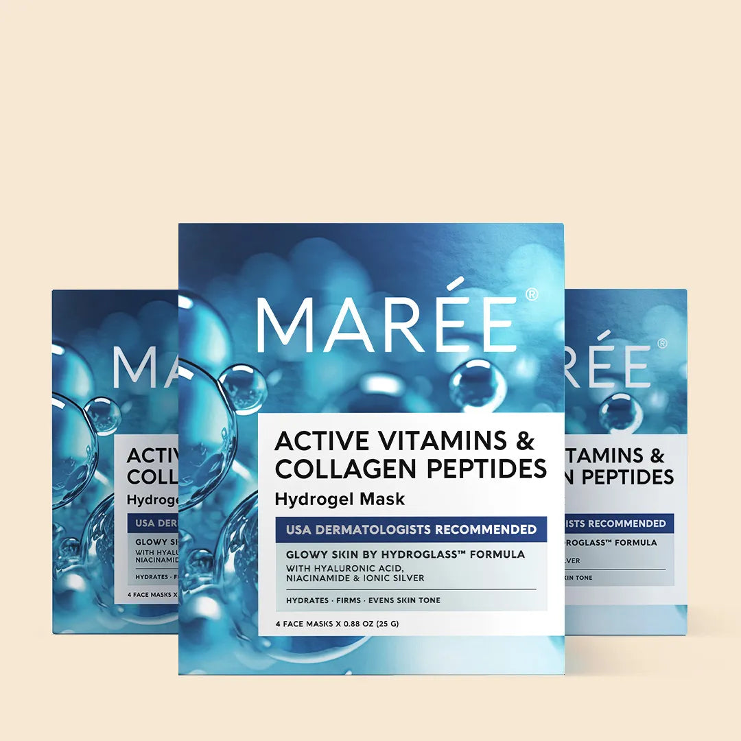 Marée Active Vitamins & Collagen Peptides Hydrogel Mask packaging on a beige background