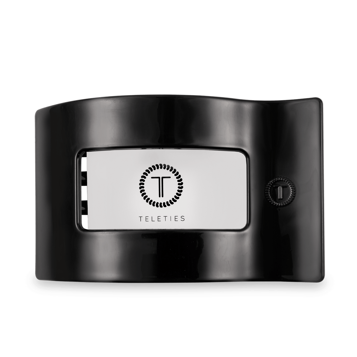 TELETIES Jet Black large flat rectangle hair clip showing the embossed T logo