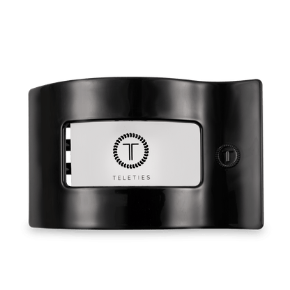 TELETIES Jet Black large flat rectangle hair clip showing the embossed T logo