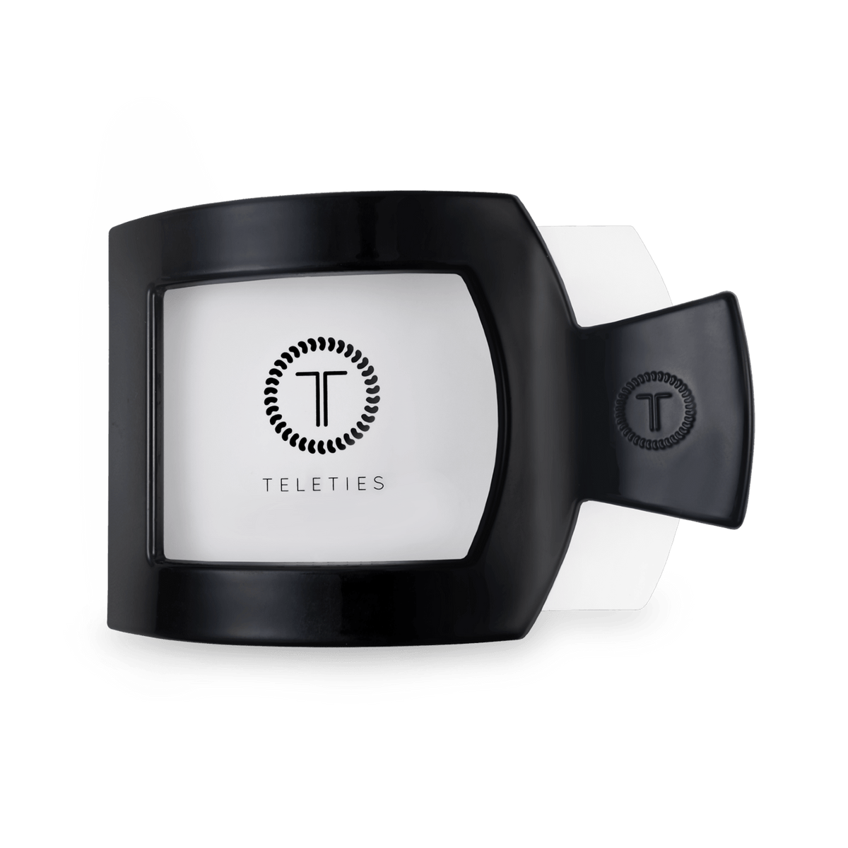 TELETIES Jet Black large flat square hair clip shown open, showing the white interior