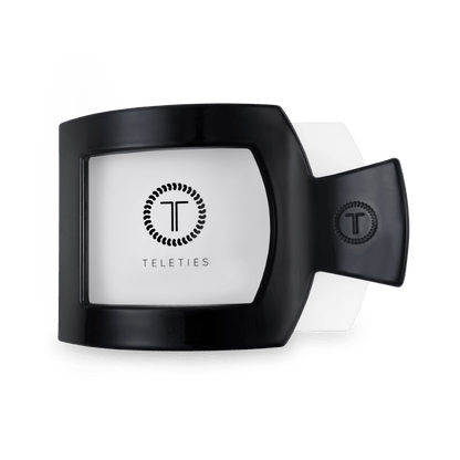 TELETIES Jet Black large flat square hair clip shown open, showing the white interior