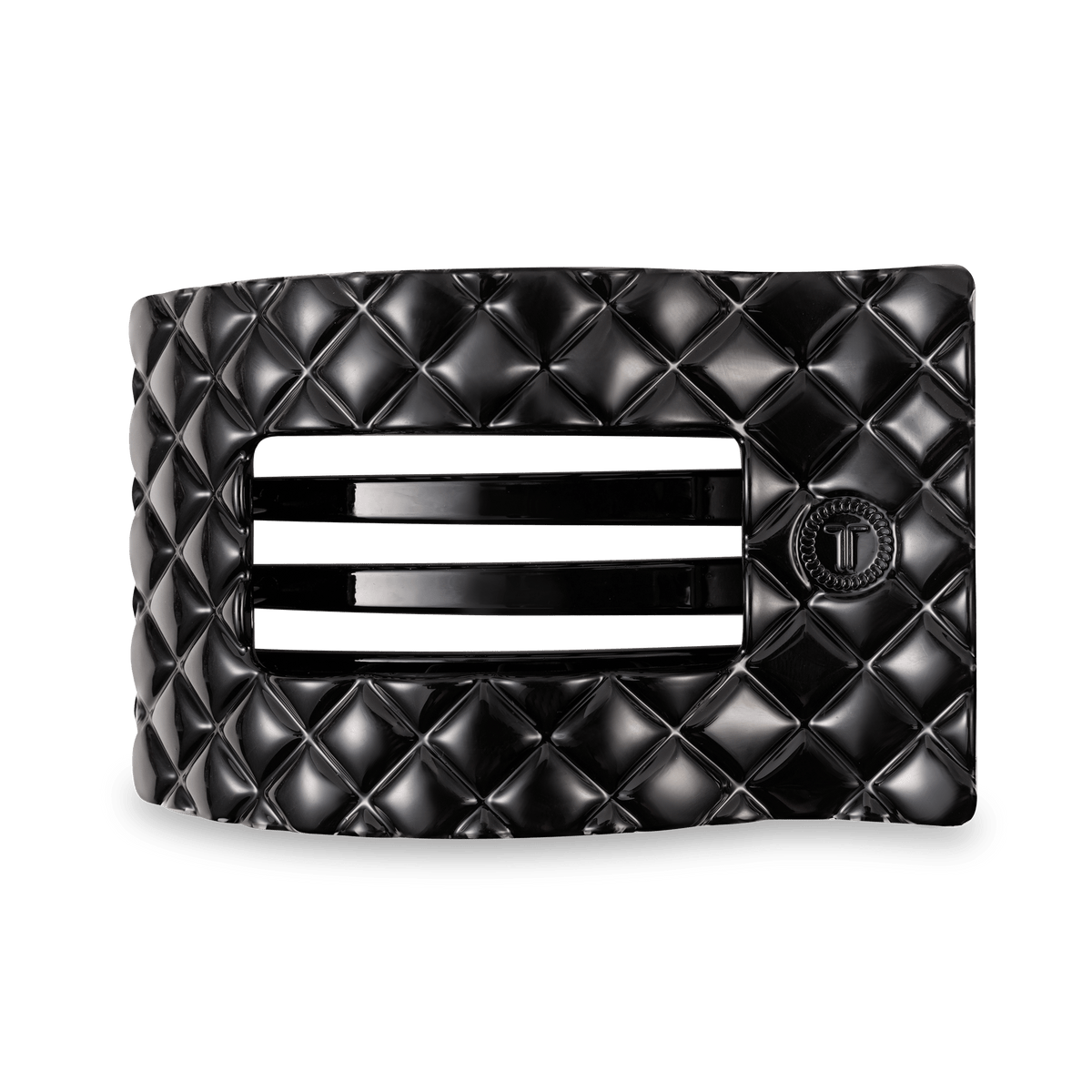 TELETIES Jet Black quilted large flat rectangle hair clip with a glossy quilted finish and embossed T logo