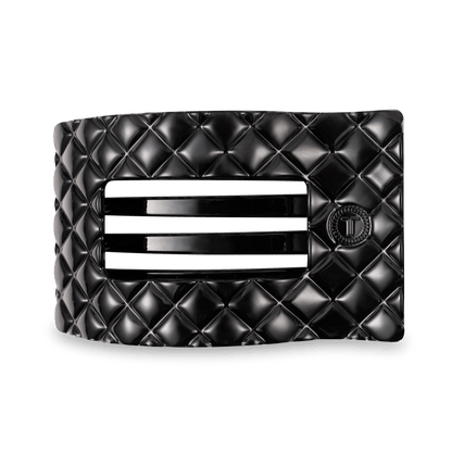 TELETIES Jet Black quilted large flat rectangle hair clip with a glossy quilted finish and embossed T logo