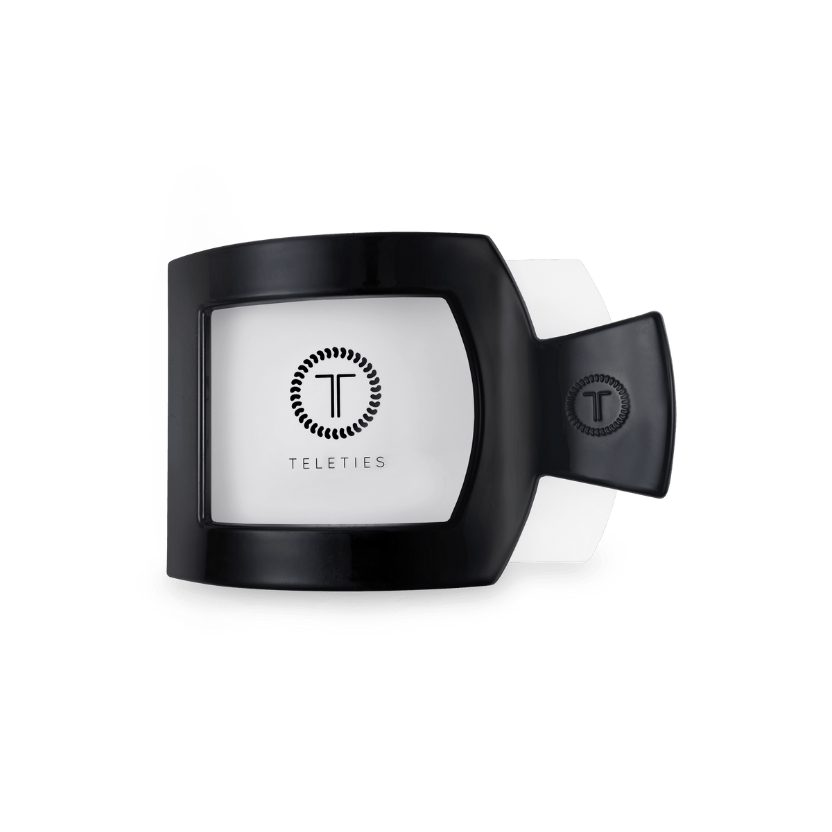 TELETIES Jet Black small flat square hair clip shown open, with branded interior detail