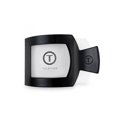 TELETIES Jet Black small flat square hair clip shown open, with branded interior detail