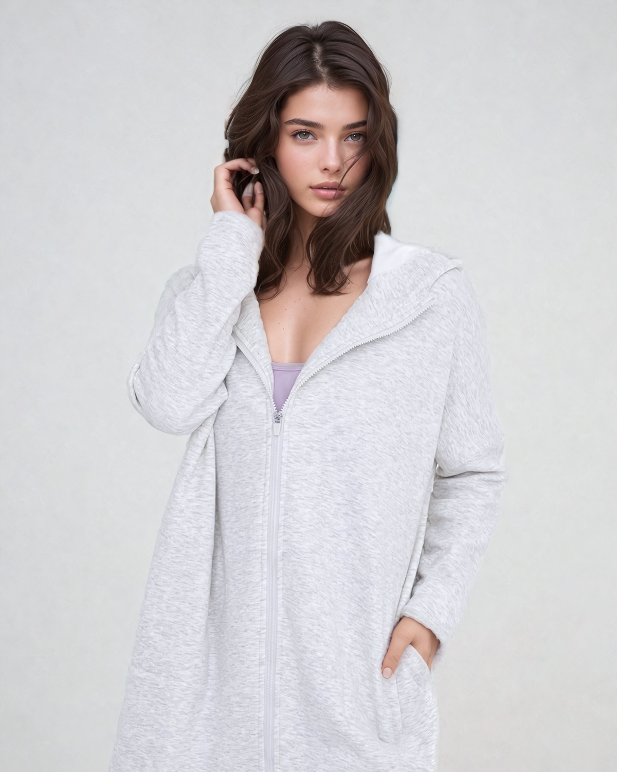 Fitkitty Culture Cozy Comfort longline zip-up hoodie jacket in two-tone gray
