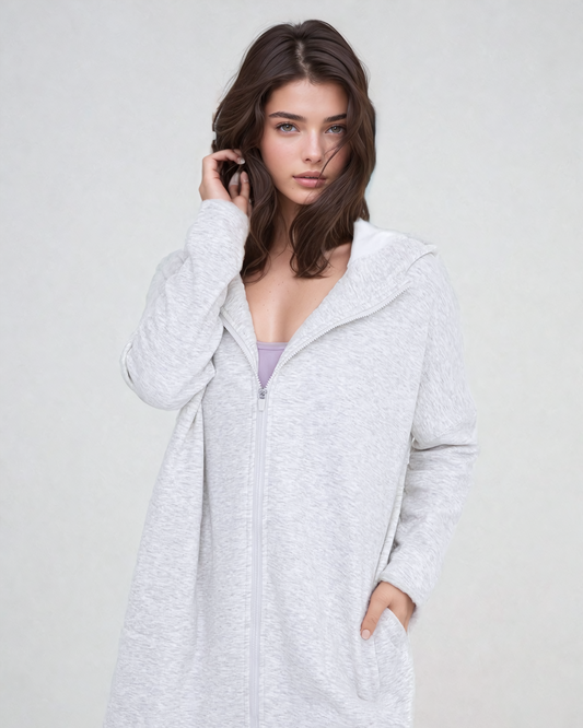 Fitkitty Culture Cozy Comfort longline zip-up hoodie jacket in two-tone gray