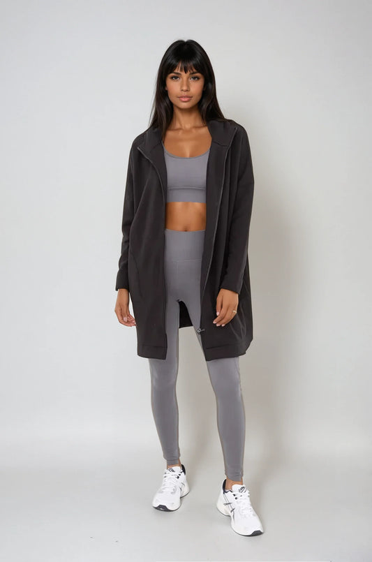 Fitkitty Culture Cozy Comfort longline zip-up hoodie jacket in black, main product image