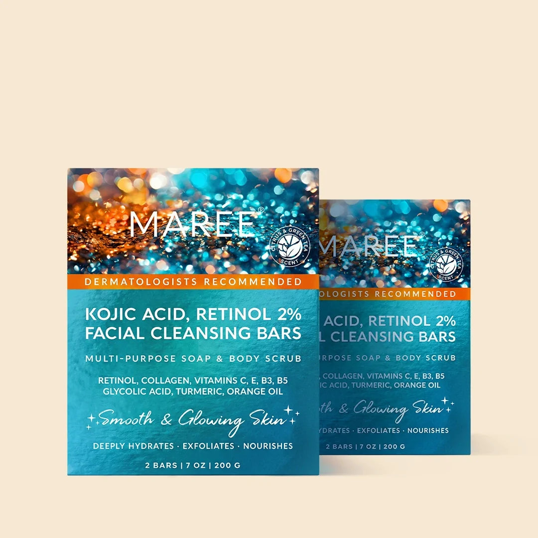Two packages of MAREE Kojic Acid, Retinol 2% Facial Cleansing Bars on a beige background