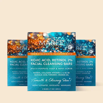 Maree Kojic Acid, Retinol 2% Facial Cleansing Bars packaging on a beige background