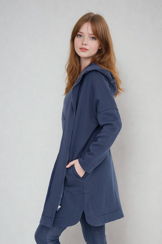 Fitkitty Culture Cozy Comfort longline zip hoodie in teal navy, alternate view