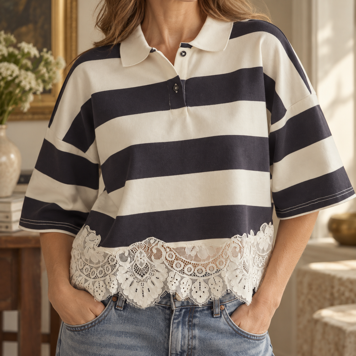 A woman wearing a short-sleeve polo shirt with wide navy and cream horizontal stripes and a white lace hem, paired with blue jeans in a softly lit indoor setting.