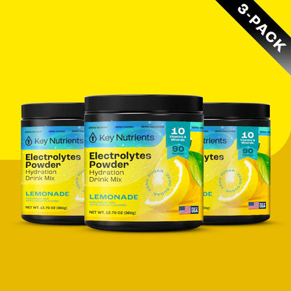 Key Nutrients Electrolyte Recovery Plus powder in Lemonade, three-pack, color packaging shot