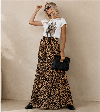 Fitkitty Culture Fierce Flow leopard print pleated midi skirt, front view