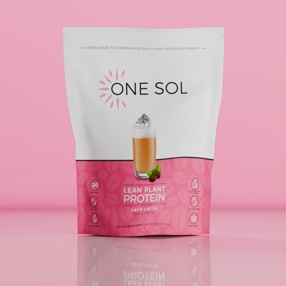 A stand-up pouch of ONE SOL Lean Plant Protein Cafe Lattes, featuring a white top half with black text and a pink bottom half with a latte graphic, set against a solid pink background.
