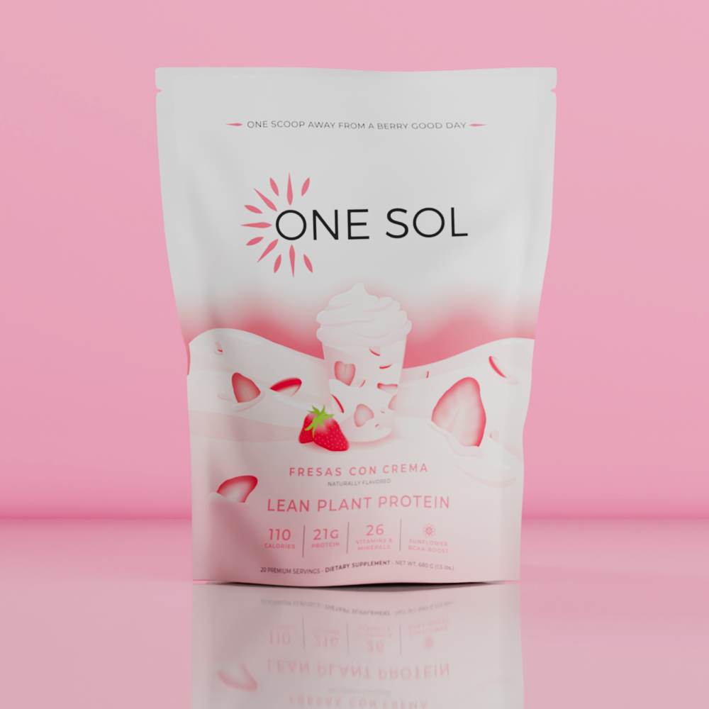 A stand-up pouch of One Sol Fresas Con Crema Lean Plant Protein dietary supplement, featuring a white and pink design with a strawberry graphic, set against a solid pink background with a soft reflection below.