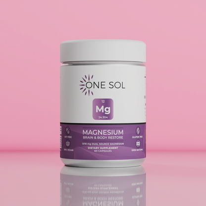One Sol magnesium supplement container on a pink background