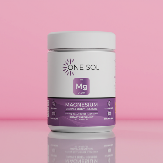 One Sol magnesium supplement container on a pink background