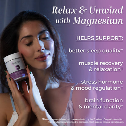 Woman holding a magnesium supplement with text about its benefits on a purple background