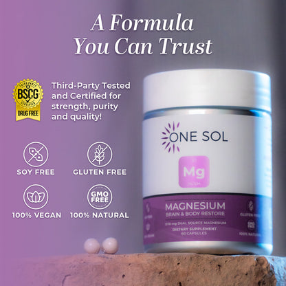 Supplement container labeled 'ONE SOL' with magnesium supplement on a purple background