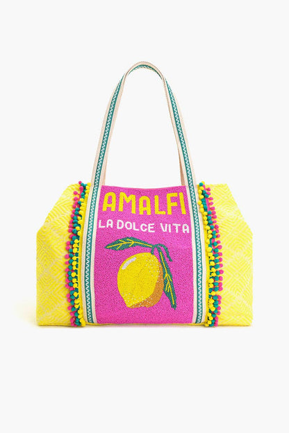 Yellow bag with pink label featuring a lemon and text on a white background