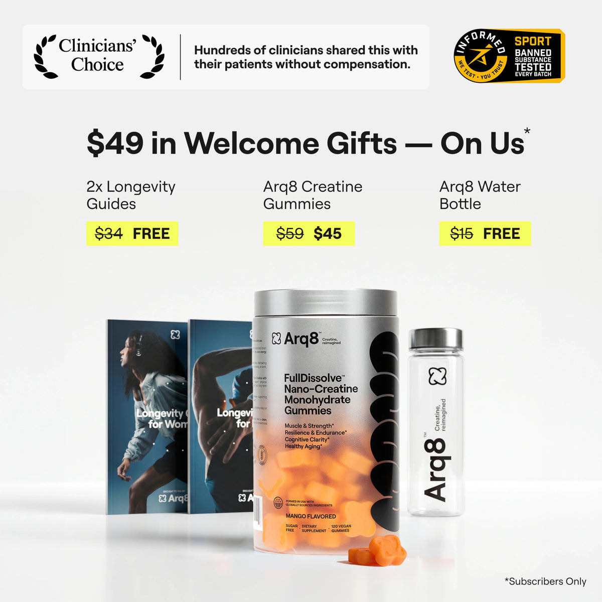 Arq8 starter kit with longevity guides, creatine gummies, and a water bottle on a white background.