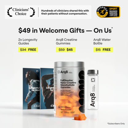 Arq8 starter kit with longevity guides, creatine gummies, and a water bottle on a white background.