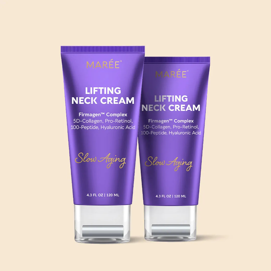Two tubes of Marée Lifting Neck Cream on a beige background