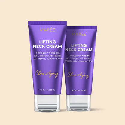 Two tubes of Marée Lifting Neck Cream on a beige background