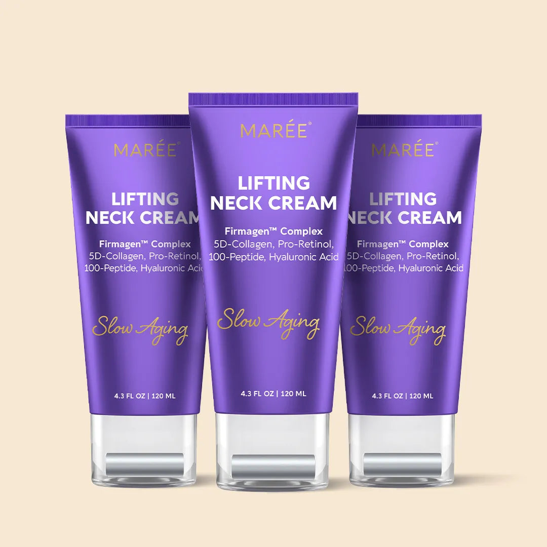 Three tubes of Marée Lifting Neck Cream on a beige background